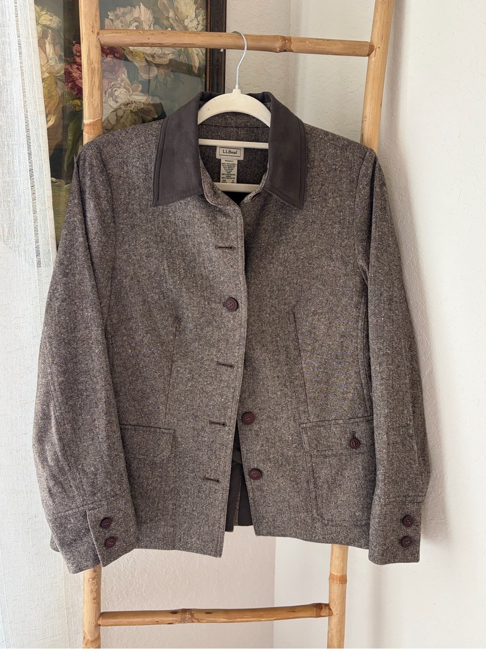 LL Bean Brown Wool Blend Suede Collar Blazer Sz 10